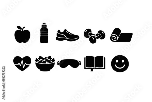 Fitness and wellness solid icon set for health and exercise apps