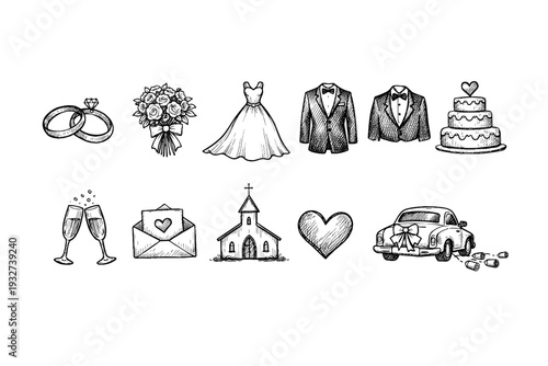 Wedding and romance icon set. Vintage hand-drawn illustrations in outline style.