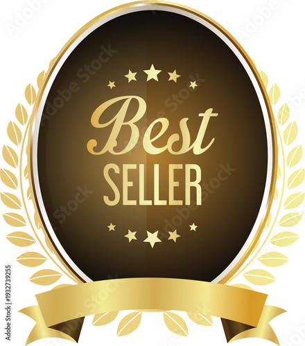 A best seller badge with a gold ribbon and stars