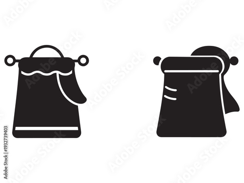Simple black silhouettes of two drawstring bags with different designs and orientations on clean white background