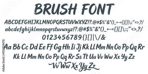 Brush font alphabet collection in handwritten stroke style, uppercase letters, lowercase letters, numbers, symbols, and punctuation