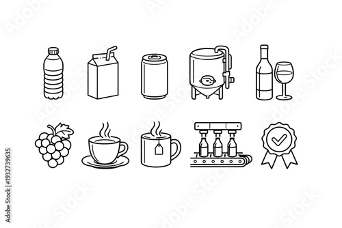 Beverage and drink outline icon set. Bottles, cans, wine, and coffee line icons collection