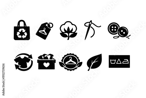 Sustainable fashion solid icon set. Eco-friendly, recyclable, clothing, textile icons
