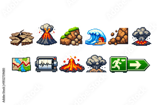 Natural disaster pixel icon set. Earthquake, volcanic eruption, flood pixel art graphics