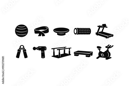 Fitness equipment silhouette icon set. Gym, exercise gear, workout tools in silhouette style