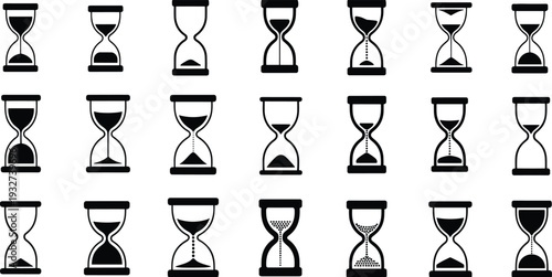 Hourglass timer icon set isolated on white background featuring sand clock countdown symbols black silhouette vector illustration collection for time concept design