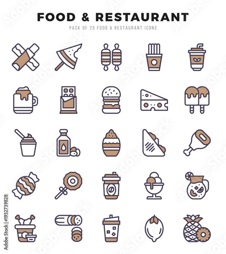 Set of Food and Restaurant Icons. Simple Two Color art style icons pack.