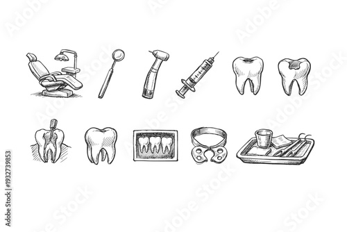 Dental tools sketch icon set. Hand-drawn, medical, dentistry sketch icon collection.