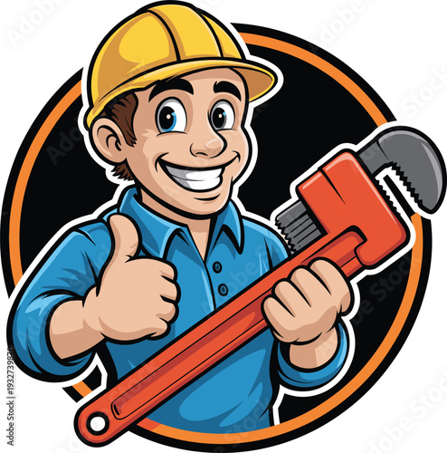 Cartoon plumber illustration, smiling construction worker, yellow hard hat, blue shirt, red pipe wrench, thumbs up gesture, repair service icon, friendly tradesman art