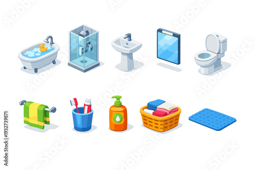 Bathroom 3d icon set. Bath, hygiene, and cleaning essentials in 3d illustration