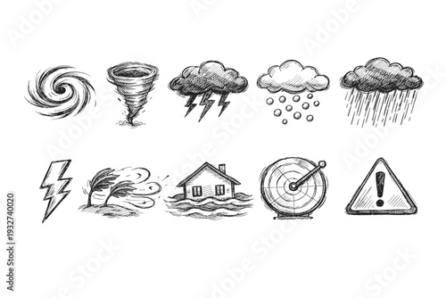 Weather disaster sketch icon set. Storm, tornado, flood, warning icons in outline style