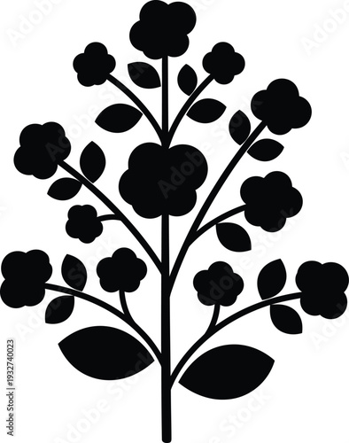 A black silhouette of a flowering plant with multiple blooms and leaves on a white background