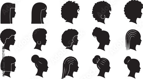Diverse Black Female Head Profile Silhouettes Vector Icon Set with Various Hairstyles isolated PNG with Transparent Background