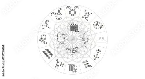 Detailed illustration of the zodiac wheel with astrological symbols and signs.
