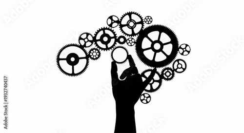 Silhouette hand connecting gears, symbolizing teamwork and problem-solving.