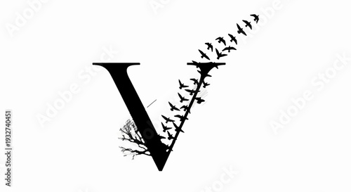 Letter V silhouette formed by flying birds and trees, symbolizing freedom and nature.