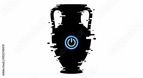 Ancient vase silhouette with digital glitch effect and power symbol