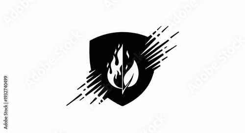 Symbol of fire and leaf within a shield, representing protection and nature's balance.