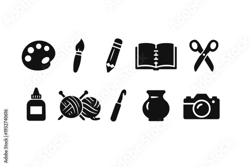 Arts and crafts silhouette icon set. Creativity, hobbies, diy tools collection