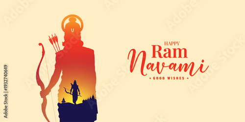 Ram Navami banner good wishes: Rama silhouette with bow vector illustration indian festival poster design