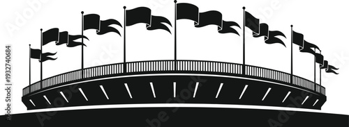 A black and white image of a curved balcony with multiple flags flying