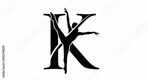 Elegant dancer silhouette gracefully poses within a stylized letter K, symbolizing art and movement.