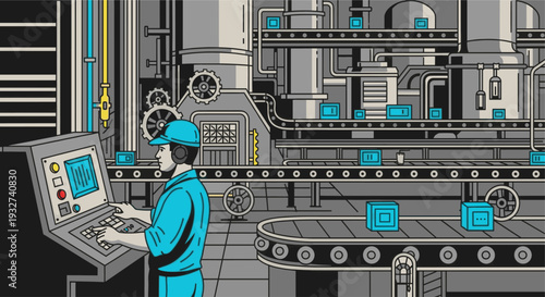 An illustration depicts a worker in blue operating controls of an automated factory production line with moving conveyor belts and packages; useful for themes of technology, industry.