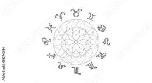 Astrological Zodiac Wheel Depicting Celestial Signs and Cosmic Symbols.