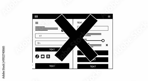 Abstract representation of a digital interface with an overlaid black cross symbol, symbolizing cancellation or error.