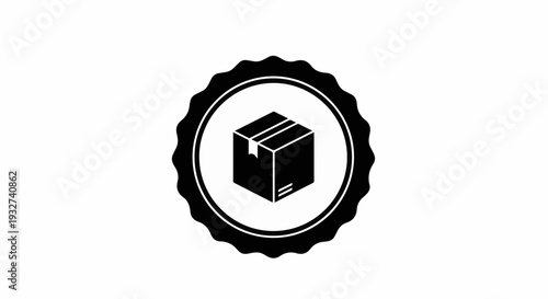 Simple black and white icon of a sealed cardboard box within a circular badge.