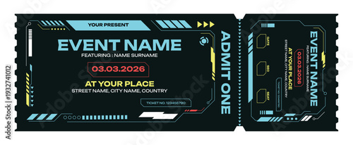 Futuristic ticket template for event. Cyberpunk style ticket design. Technology event entrance card.