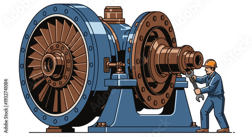 Cartoon-style illustration of a mechanic repairing a blue and brown industrial turbine using a wrench, depicting engineering, maintenance, and the workforce. The image is suitable for concepts.