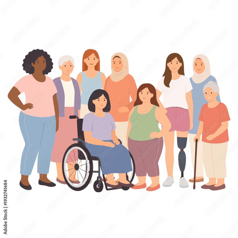 Fototapeta premium Diverse Women Group Including Wheelchair User and Leg Prosthesis for Disability Inclusion