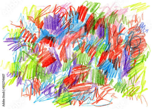 Colorful abstract crayon scribbles made by a child, chaotic hand drawn texture with bright strokes and playful messy lines, resembling kids doodles on white background.