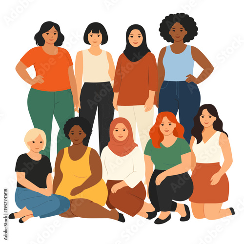 Diverse Group of International Women Wearing Modern Clothes Flat Vector Illustration