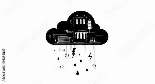 Conceptual cloud with integrated technology symbols representing data storage and digital connection.