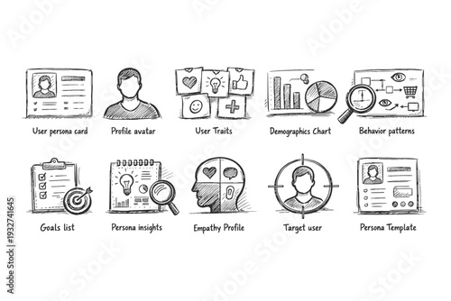 Persona profile outline icon set. User research and demographics sketch collection