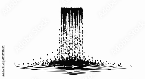 Abstract digital waterfall formed from binary code cascading into a pool