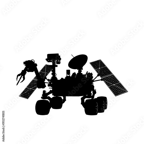 Silhouette of a Mars rover with solar panels and robotic arm on a white background.