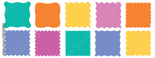 Set of wavy organic neon frames rectangle square shapes Abstract Designs icons and graphics  scallops geometry  Irregular flat shapes. Random spots and curvy elements. Smooth box Vector illustration 