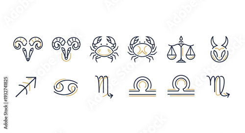 Zodiac signs symbols in a row, astrology and horoscope concept, black and white illustration.