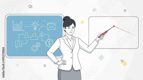 Businesswoman giving a presentation with diagrams and pointing at a chart.