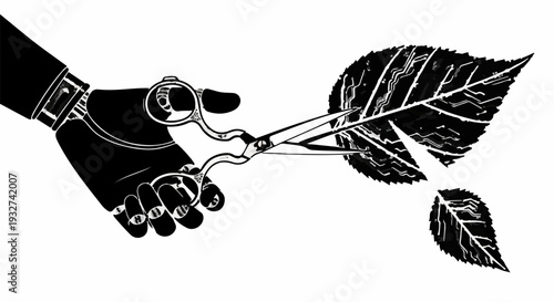 Hand with scissors carefully cuts a leaf, symbolizing precision and nature manipulation.