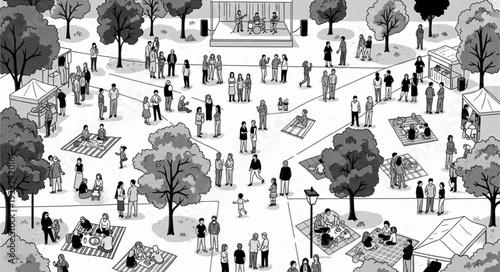 People gathering in a park enjoying music and socializing on a sunny day.