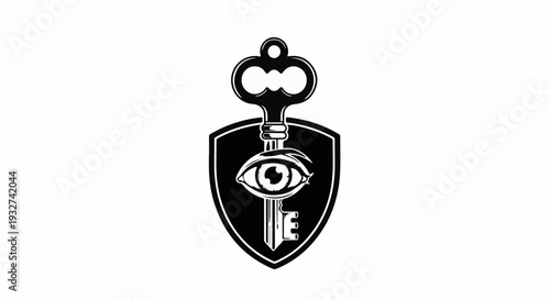 Mysterious shield emblem with a key and an eye, symbolizing secrets and knowledge.