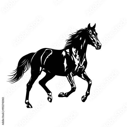 Illustration of a black horse running on a white background.