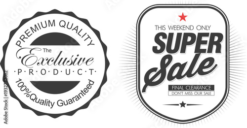 Premium quality and super sale labels on white background