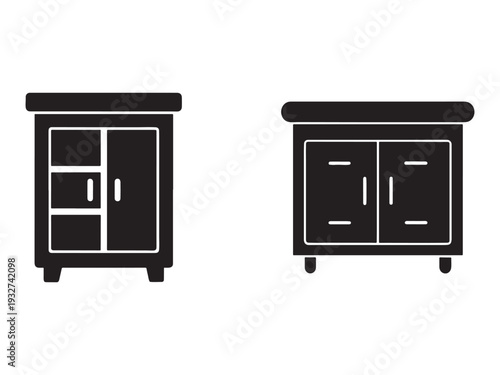 Two black and white icons of wardrobes with different door designs  home furniture for organization and storage