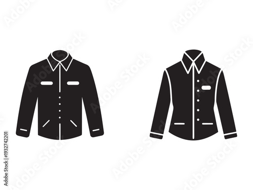 Two black and white illustrations of mens shirts with collars and buttons  front views  isolated on white background