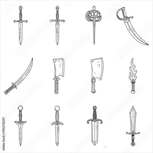 A Collection of Diverse Hand-Drawn Swords and Blades in a Grid Layout